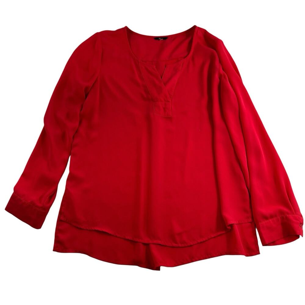 Milano L Large Shirt‎ Blouse Red V-Neck Long Sleeve Tunic Top Career Holiday